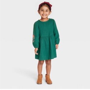 Green Kids Dress with Floral Embroidery